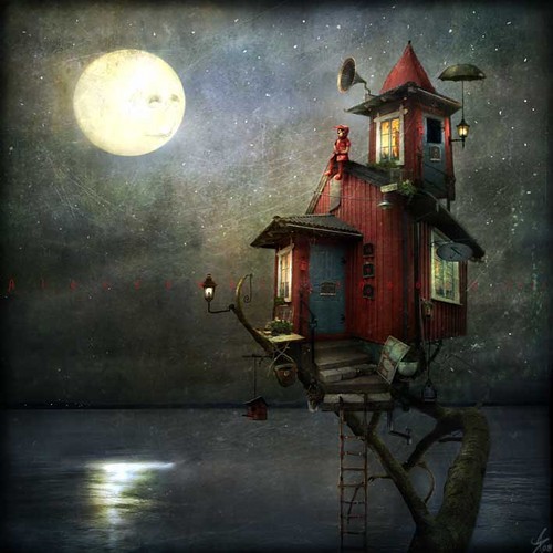 **La Luna** Moon,surreal,house,dark,girl,house,illustration-f3cd350bb48d64bec95f32778d3573f5_h